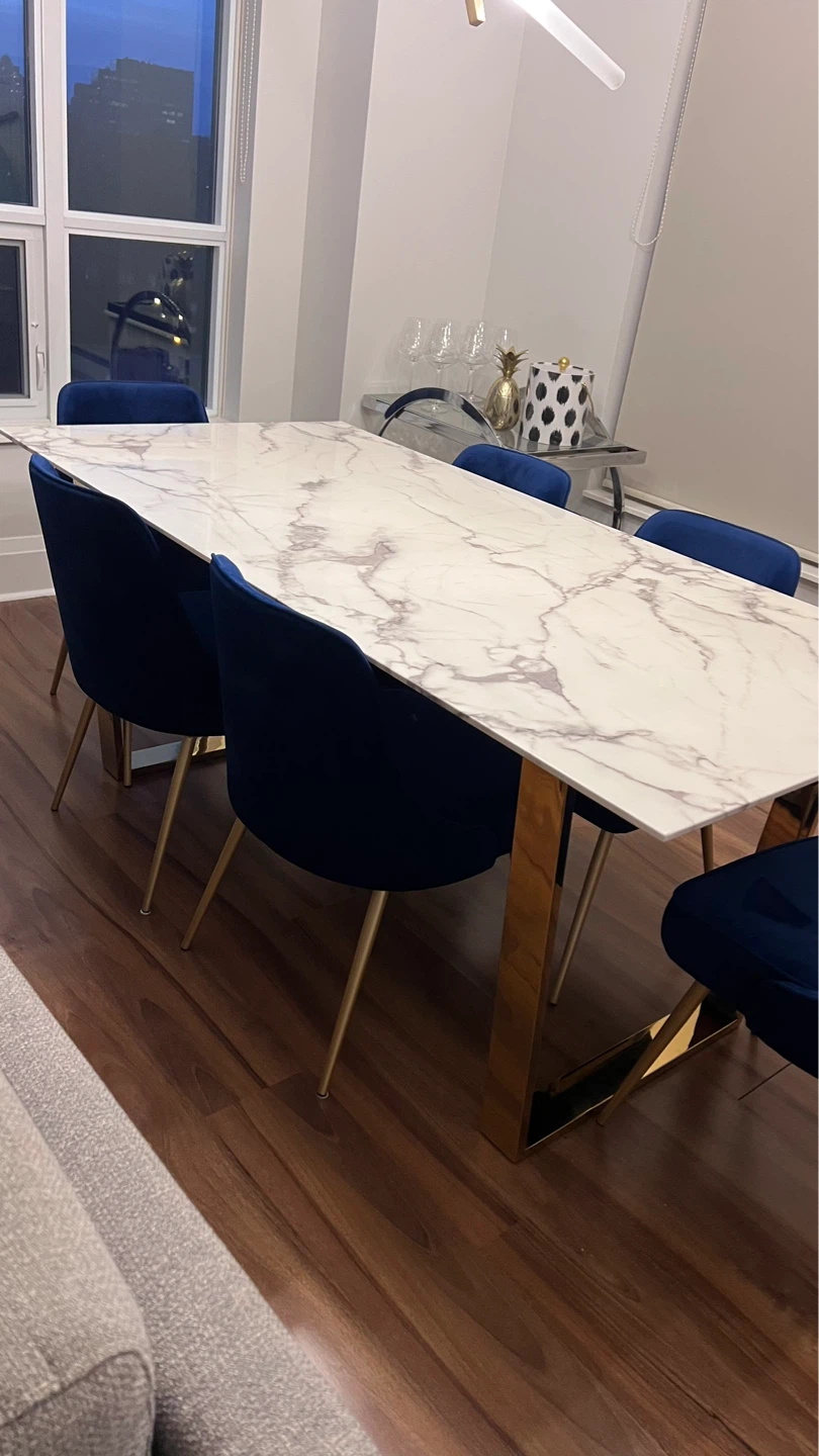 Marble Dining Table with 6 Blue Velvet Chairs