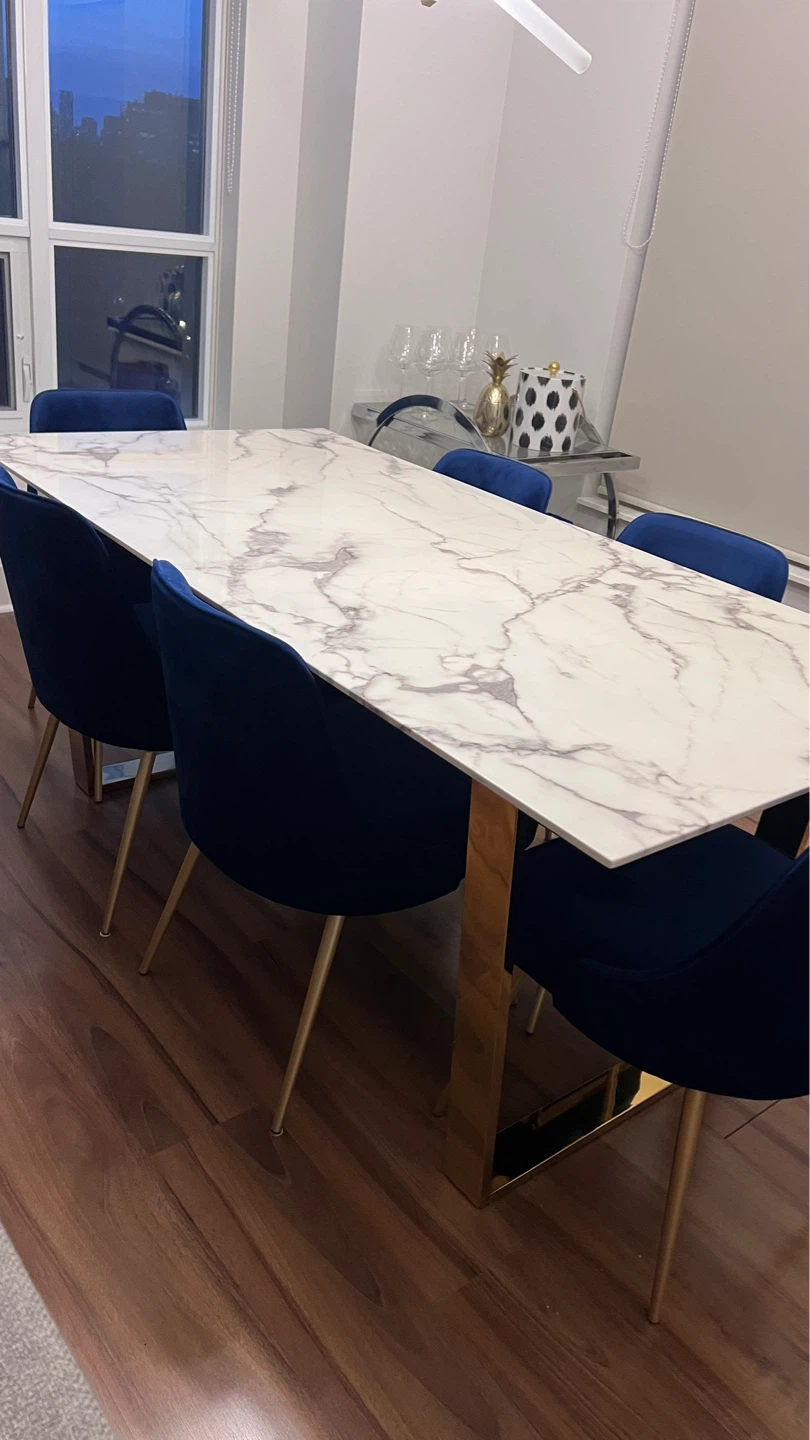 Marble Dining Table with 6 Blue Velvet Chairs - photo 2