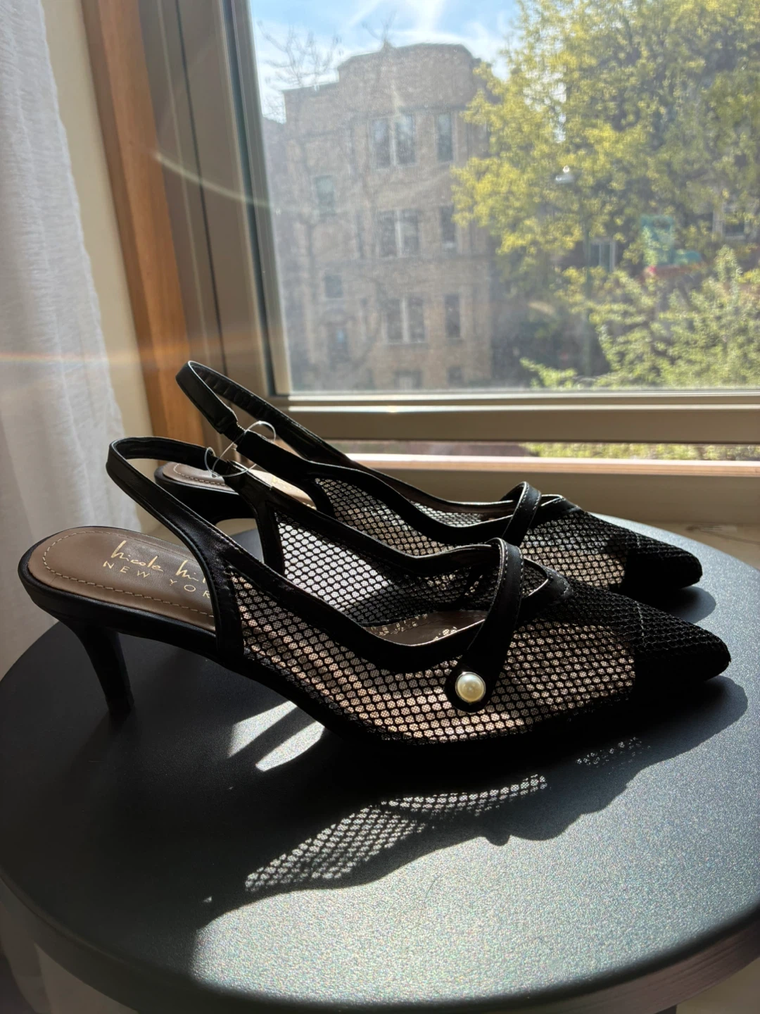 Nicole Miller Black Mesh Slingback Heels with Pearl Accent
