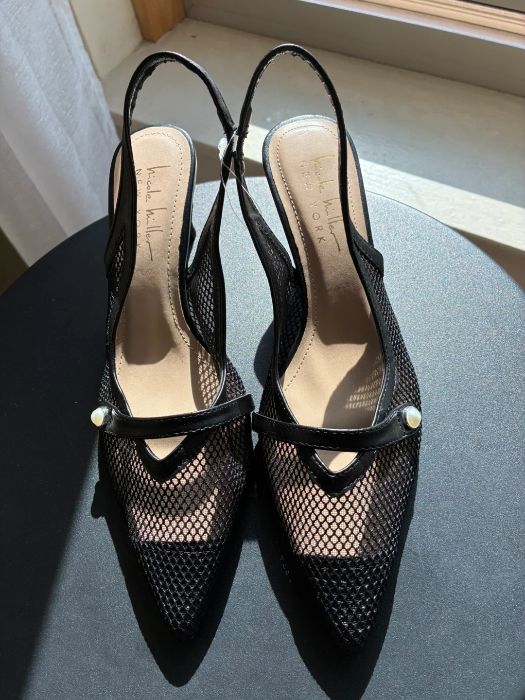 Nicole Miller Black Mesh Slingback Heels with Pearl Accent - photo 2