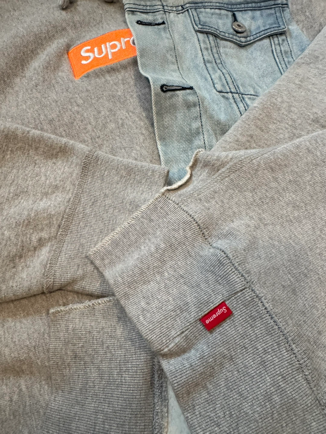 Supreme Custom Design Layered Denim Jacket & Grey Hoodie - photo 4