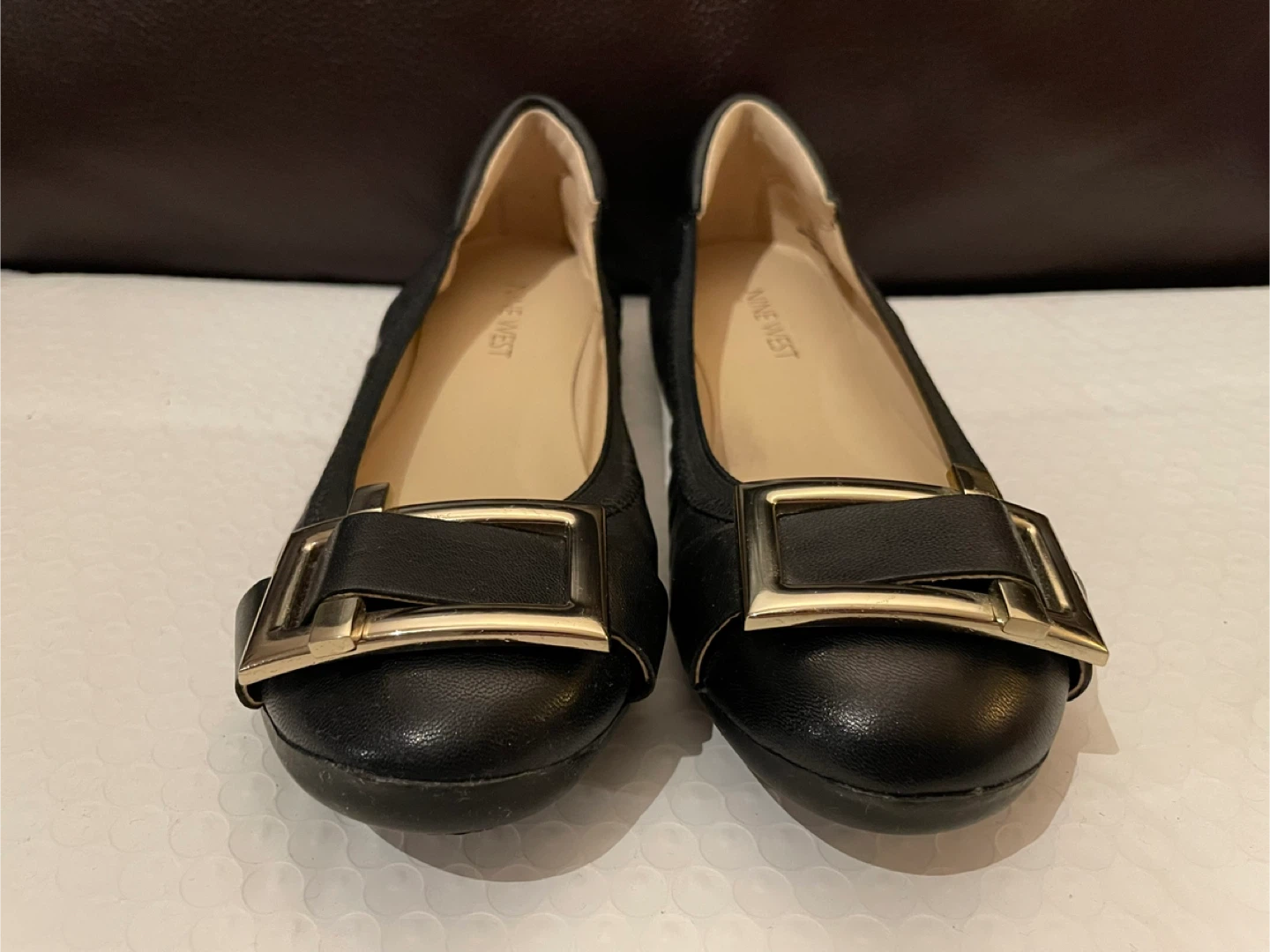 Nine West Black Leather Flats with Gold Buckle