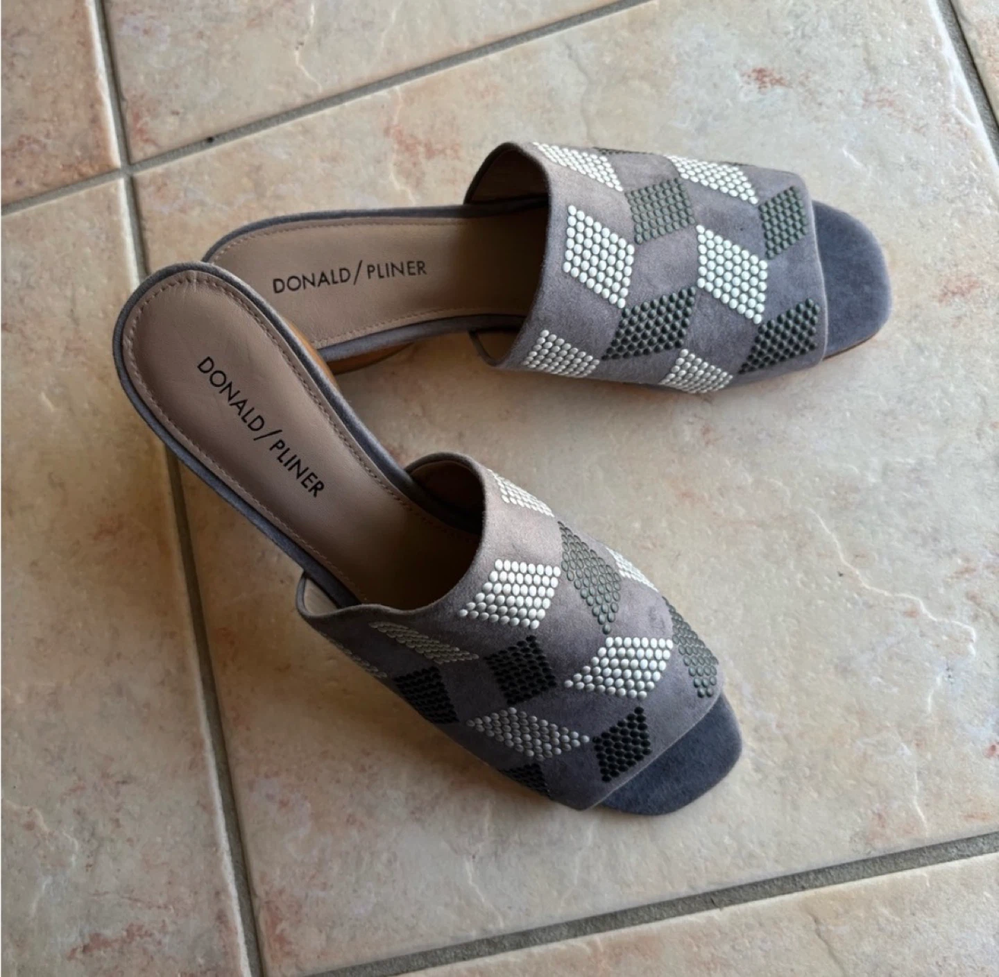 Donald Pliner Grey Suede Studded Mules Size 7.5M