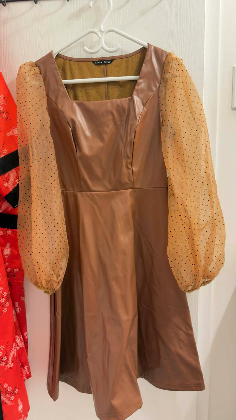 Shein Brown Faux Leather Dress with Polka Dot Sleeves