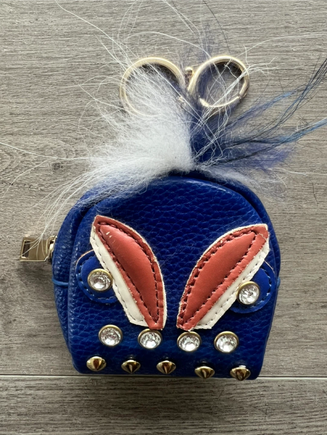 Blue Backpack Keychain with Fur Pom Pom