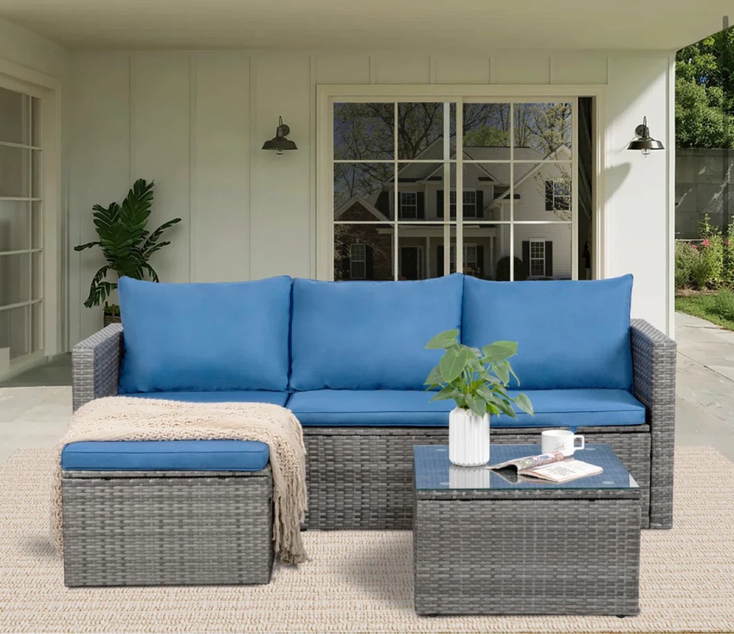 Grey Wicker Patio Sectional Sofa with Blue Cushions - photo 2