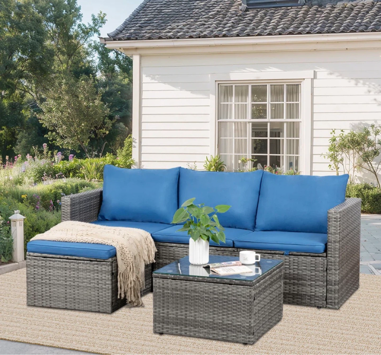 Grey Wicker Patio Sectional Sofa with Blue Cushions