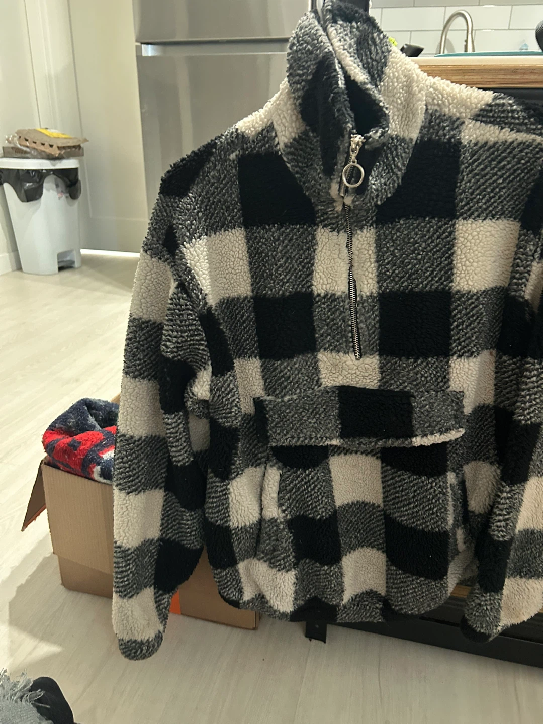 Black and White Buffalo Plaid Fleece Pullover