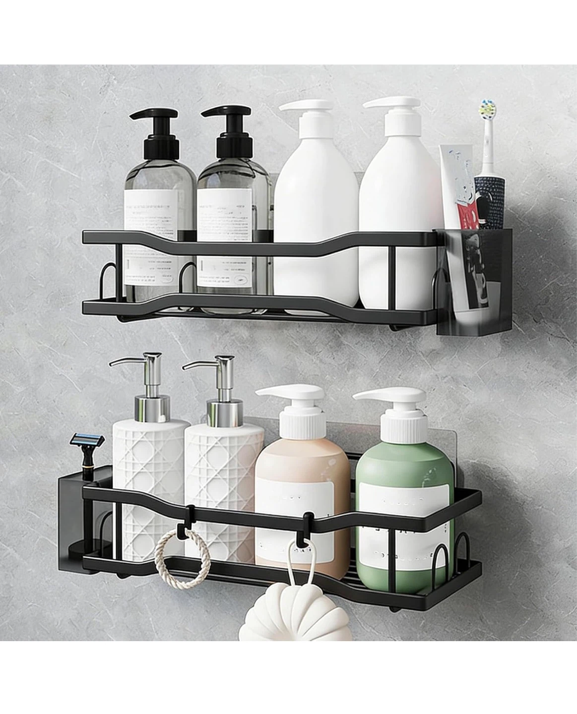 Black Metal Shower Caddy Shelves with Hooks