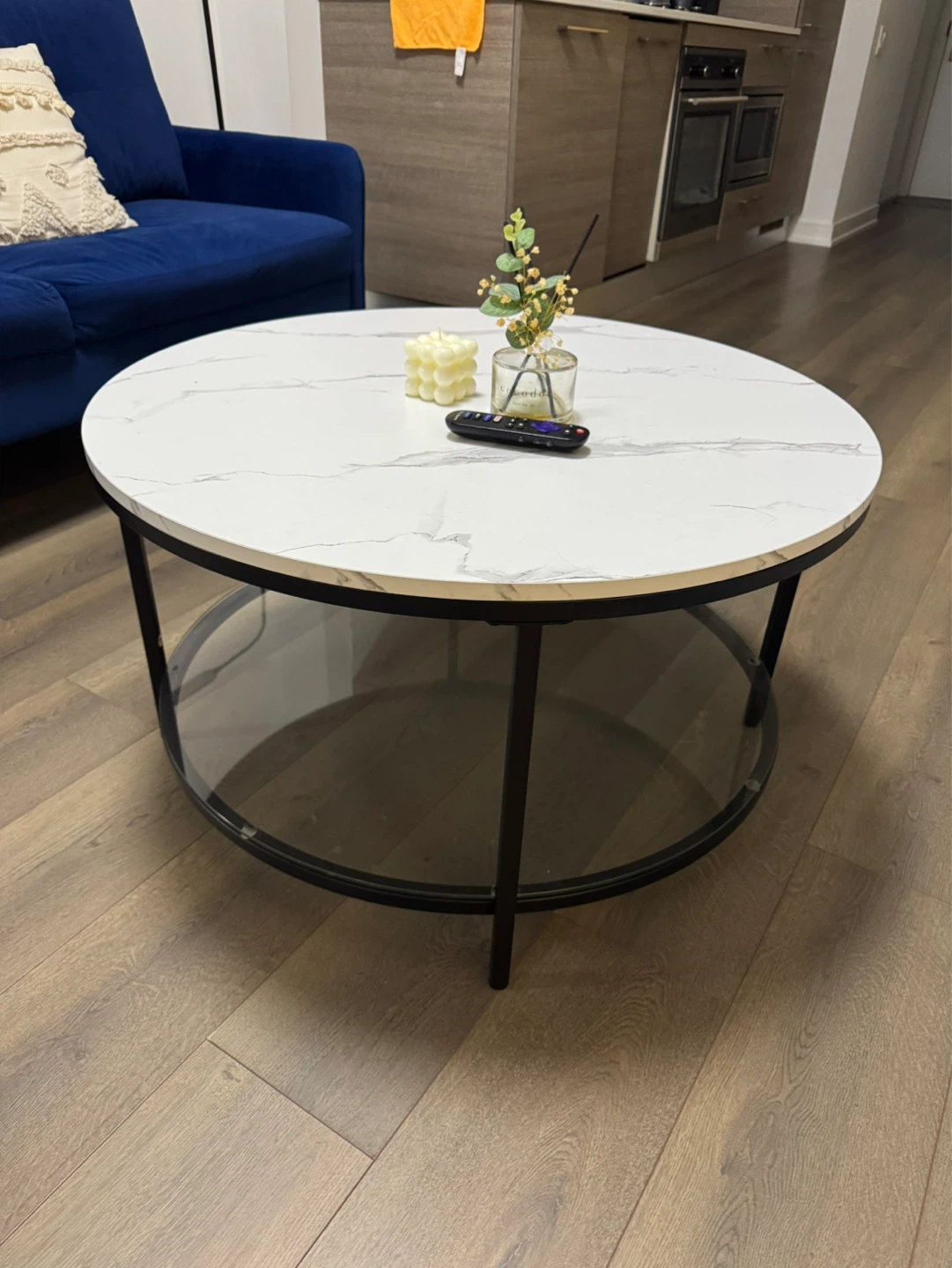 Marble Top Round Coffee Table with Black Metal Frame