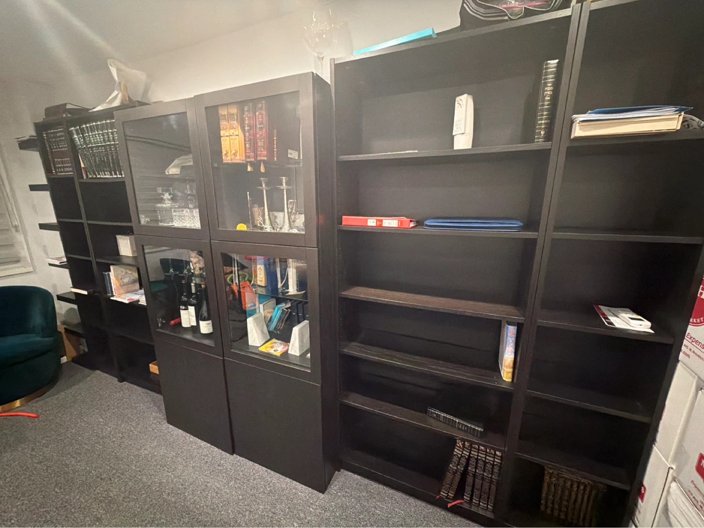 Dark Brown Bookshelf with Glass Doors