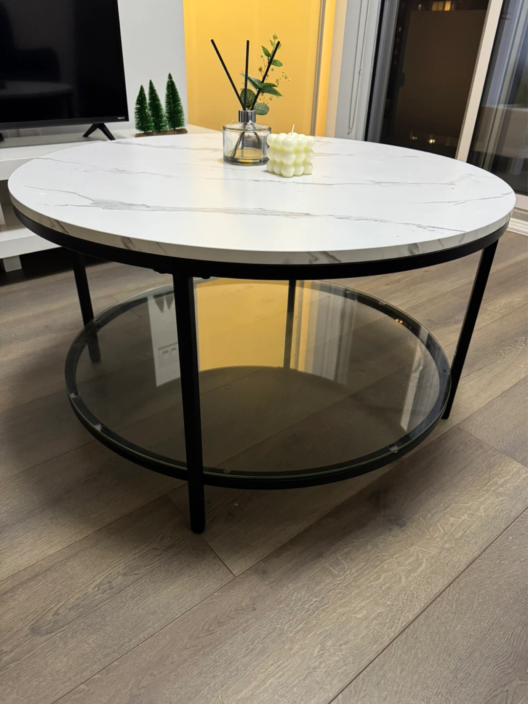 Marble Top Round Coffee Table with Black Metal Frame - photo 2