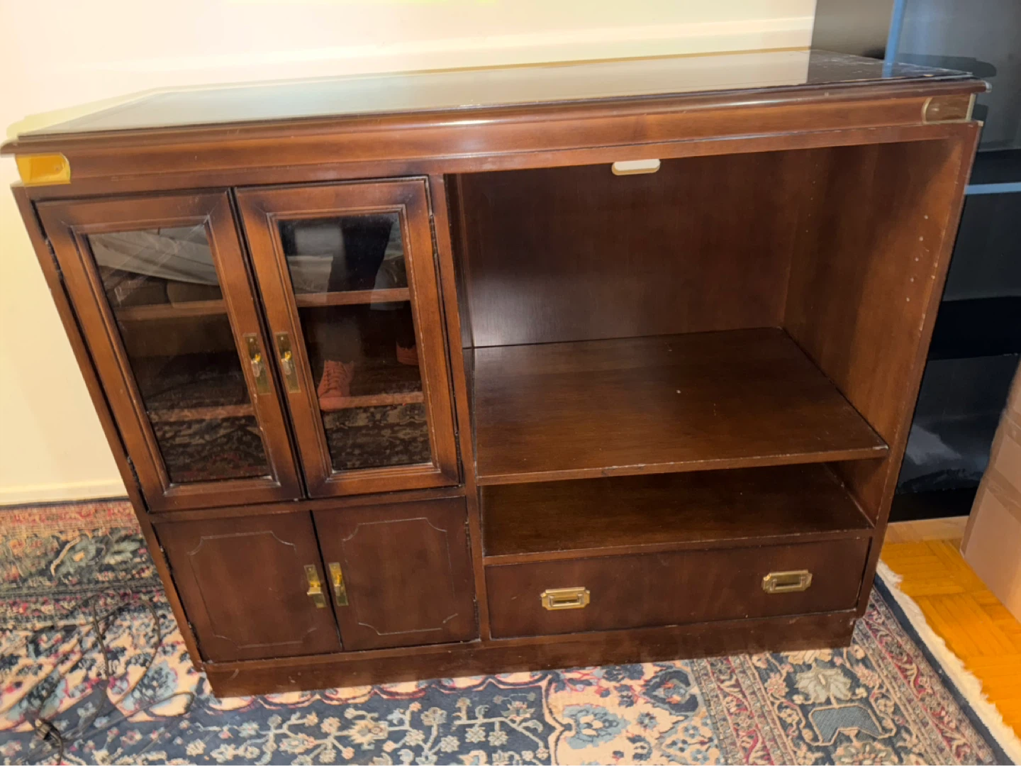 Wooden Display Cabinet with Glass Doors and Drawers