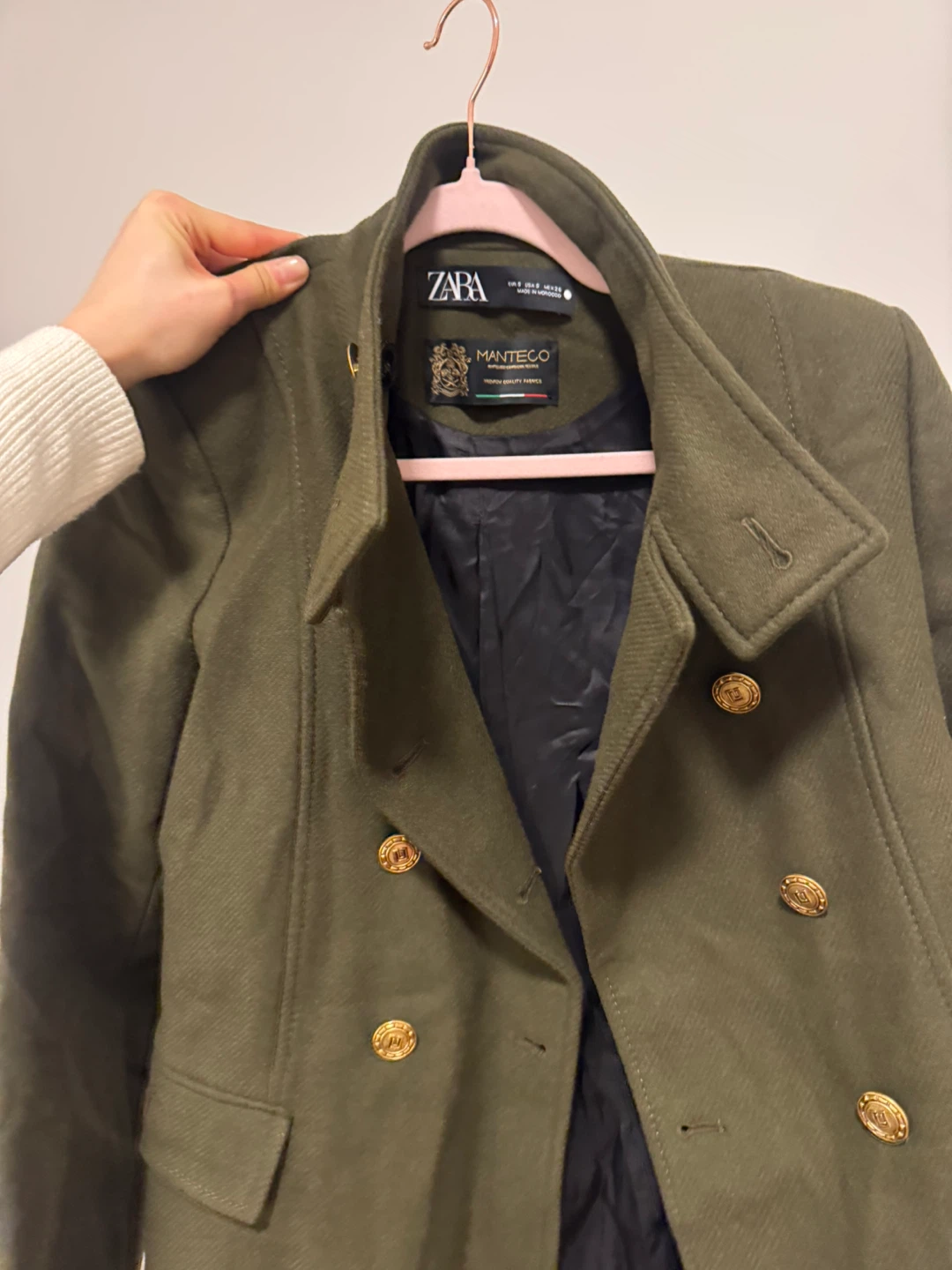 ZARA Olive Green Double-Breasted Wool Blend Military Style Coat