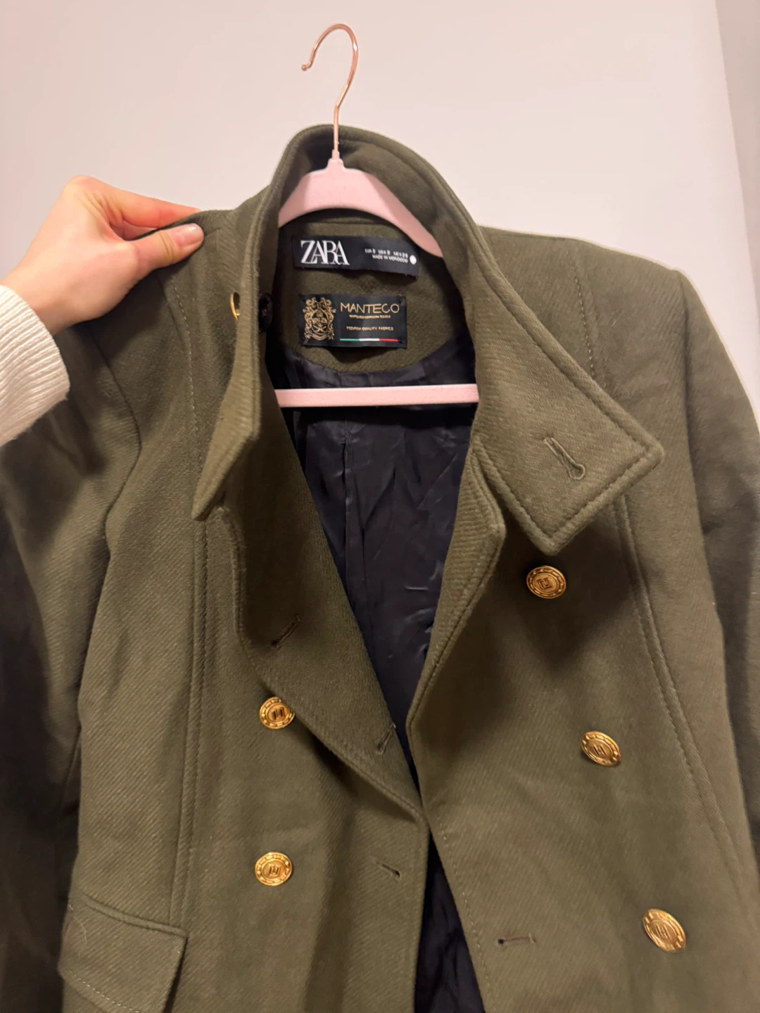ZARA Olive Green Double-Breasted Wool Blend Military Style Coat - photo 2