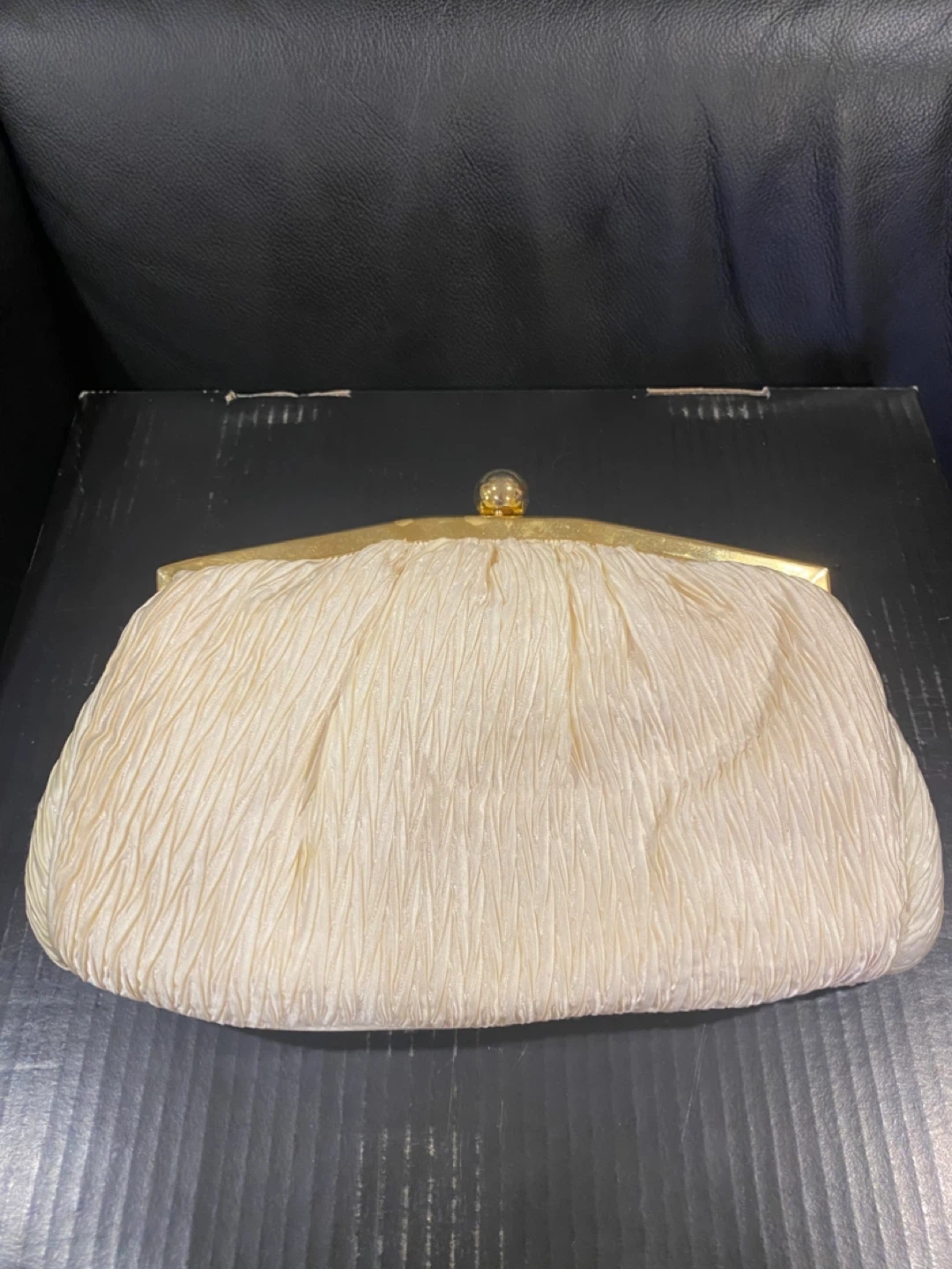 Cream Ruched Clutch Evening Bag with Gold Chain - photo 3