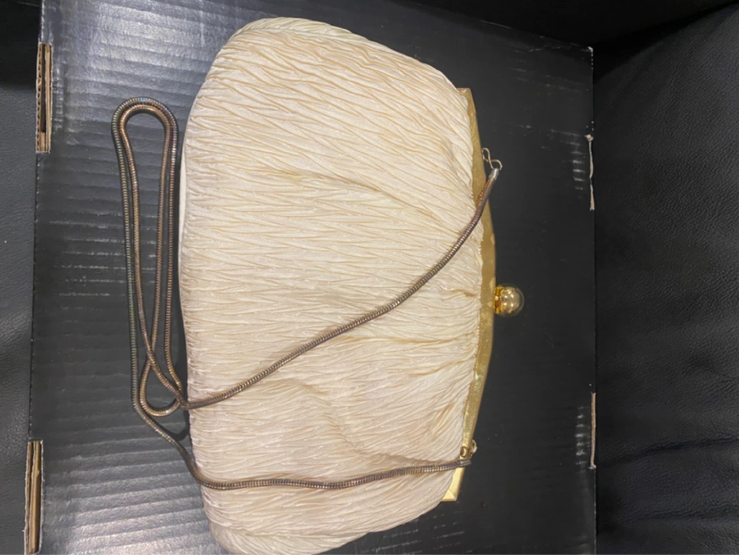 Cream Ruched Clutch Evening Bag with Gold Chain