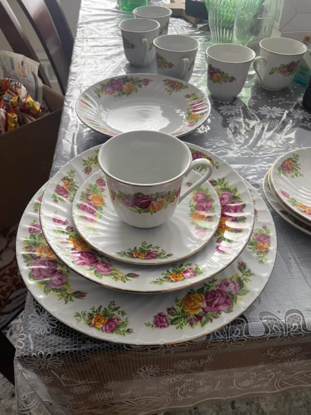 Vintage Floral Rose Tea Set - 4 Cups & Saucers, Plates, Bowls - photo 2