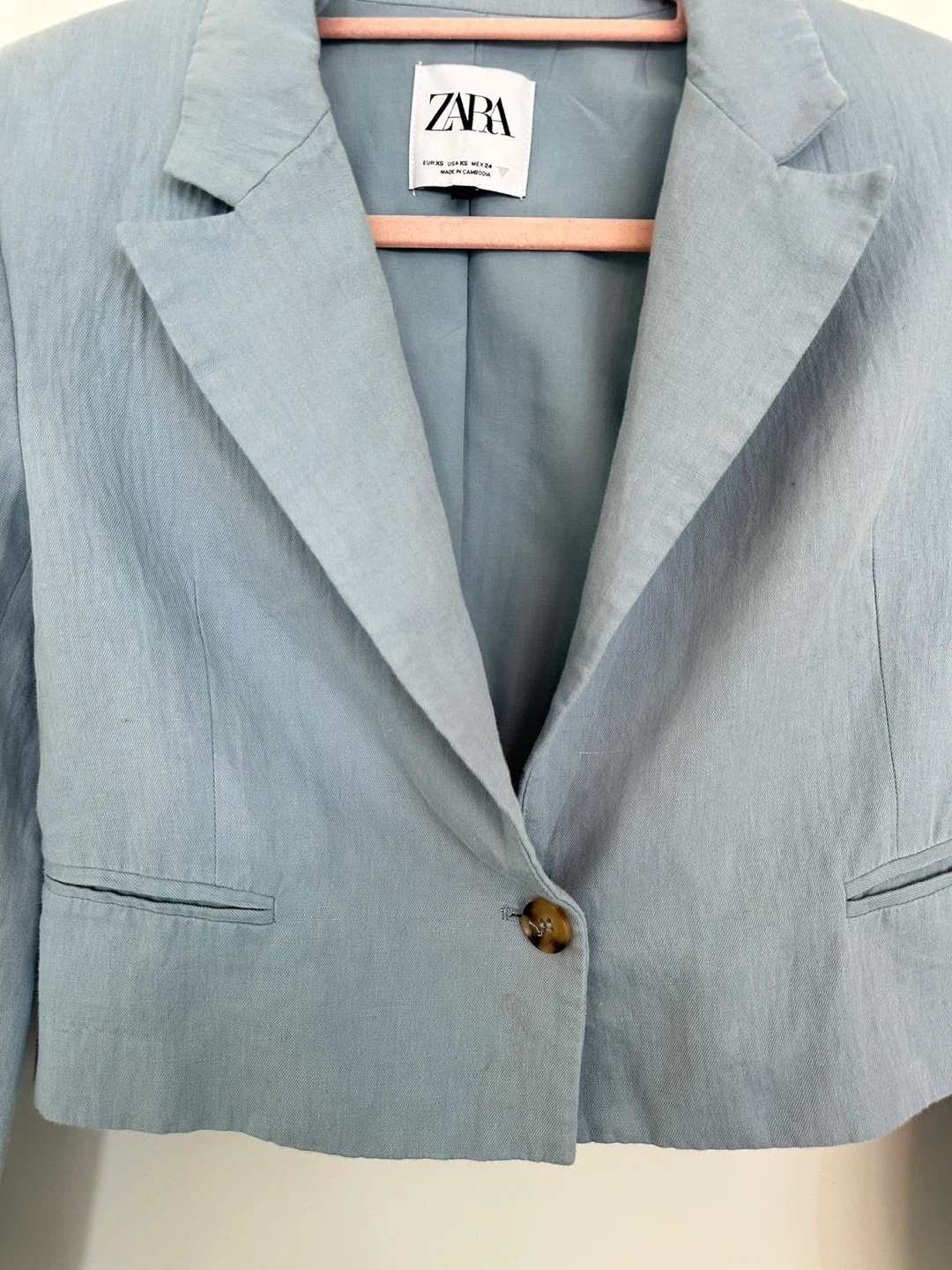 Zara Linen Blend Crop Blazer - Light Blue - photo 2