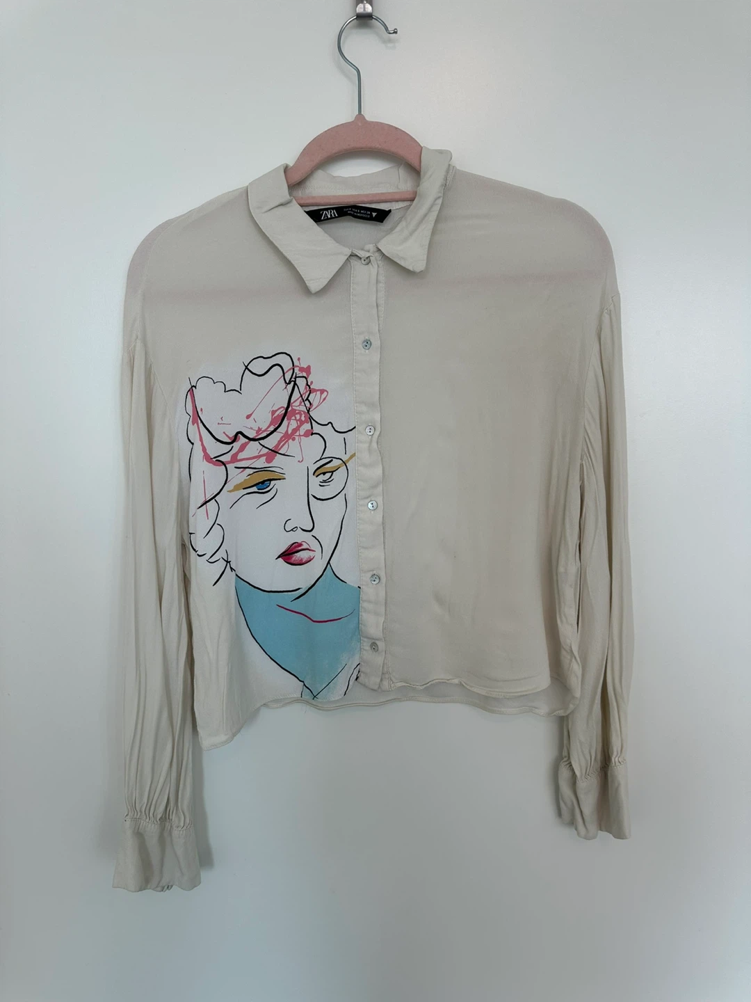 Zara Beige Graphic Print Button-Up Shirt