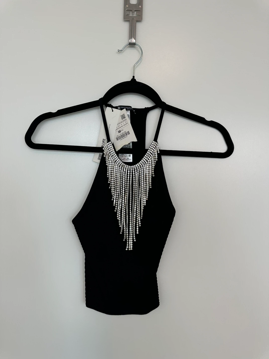 Black Rhinestone Fringe Tank Top