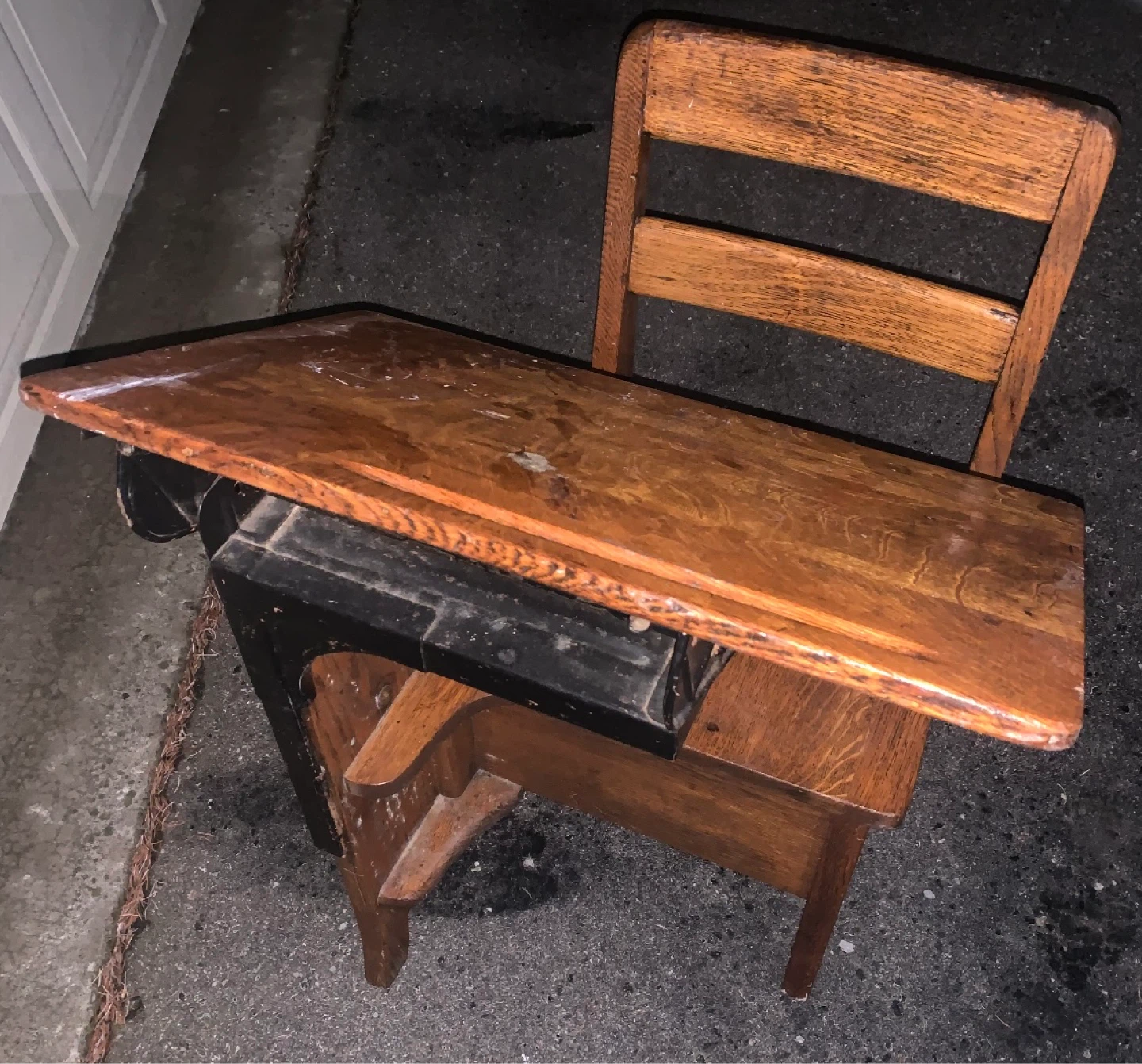 Antique Oak School Desk with Chair storage bottom