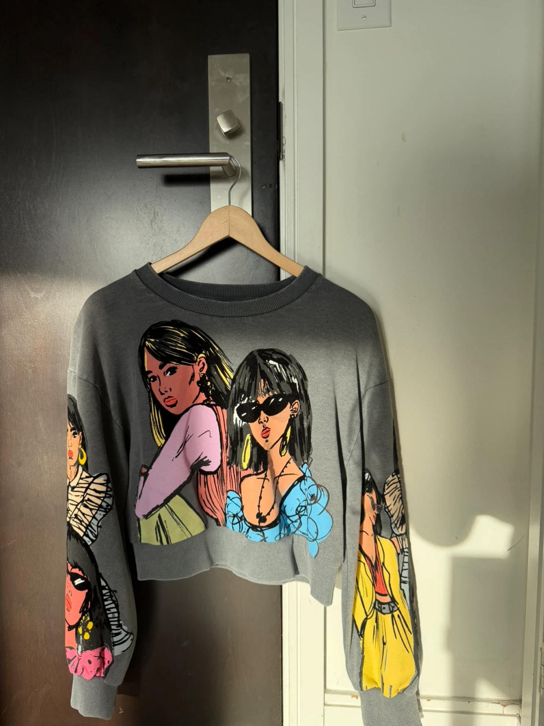 Grey Crewneck Sweatshirt with Comic Style Faces Print