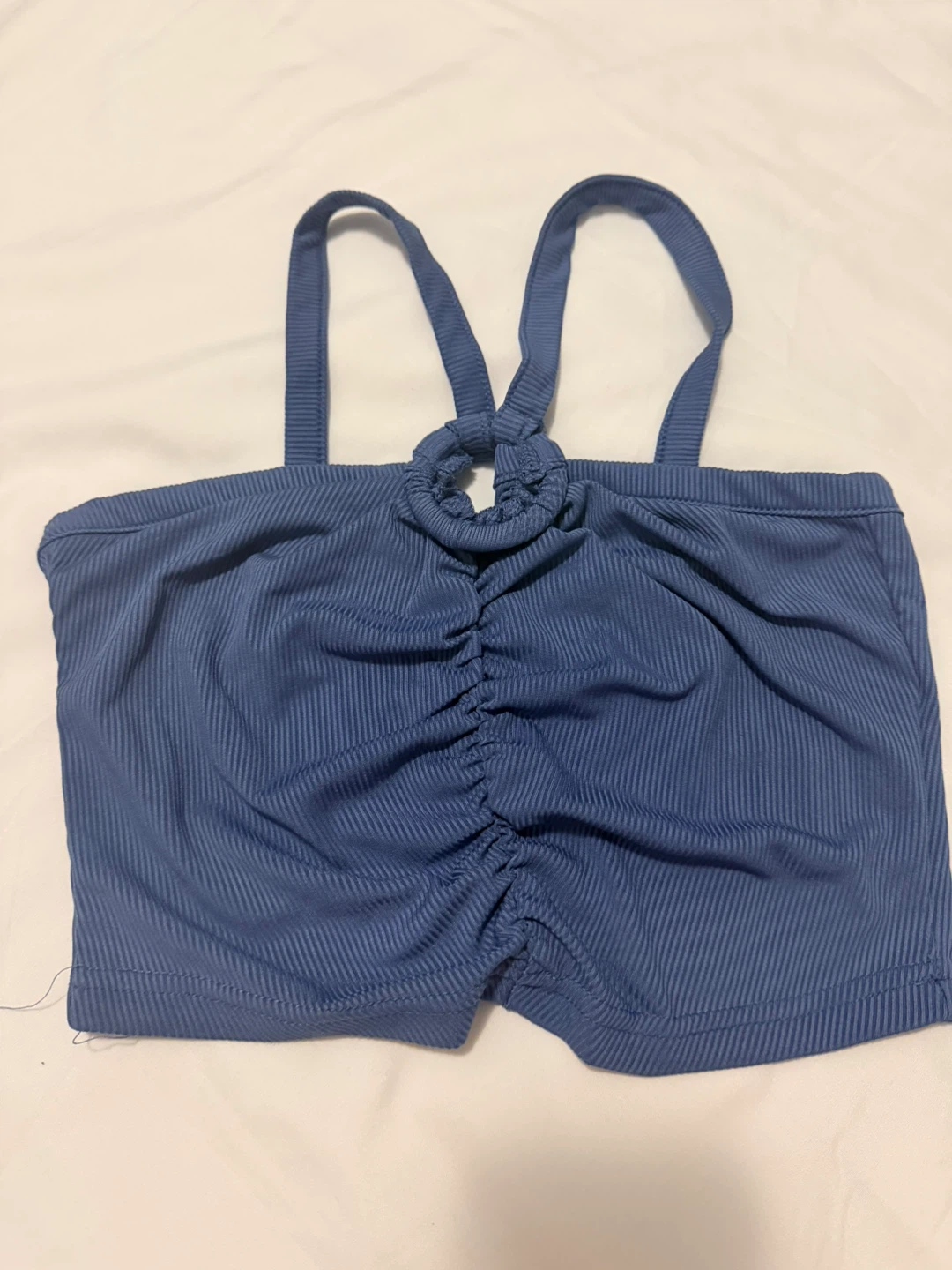 Blue Ruched Halter Crop Top