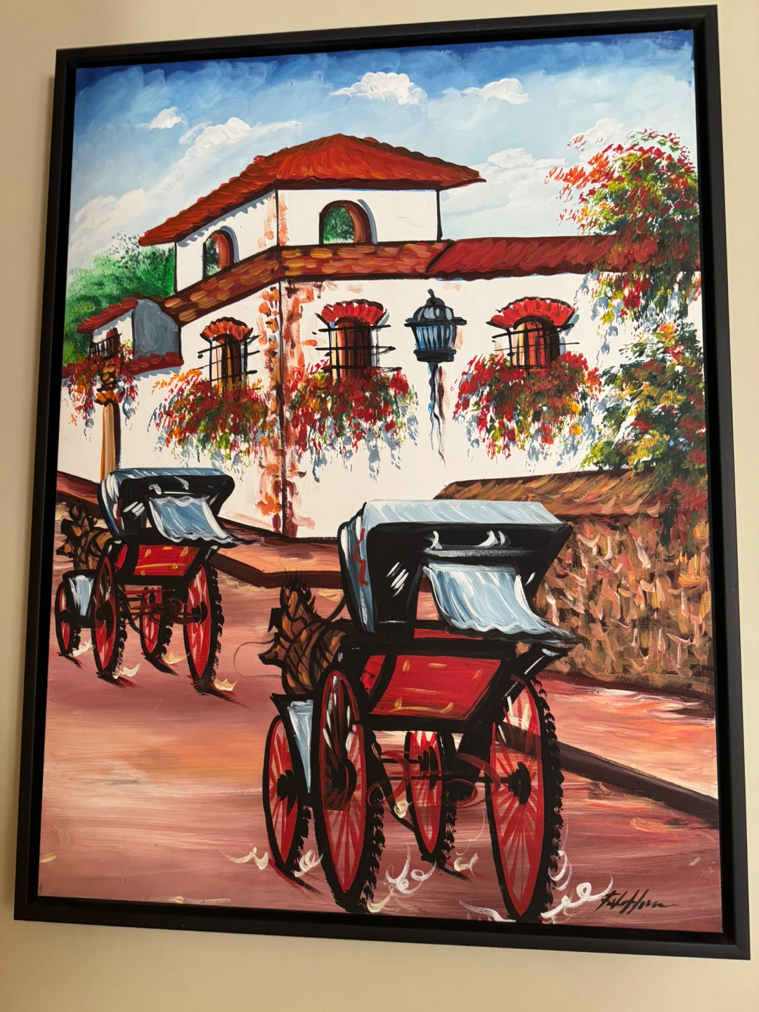 Painting of Horse-Drawn Carriages in a Village