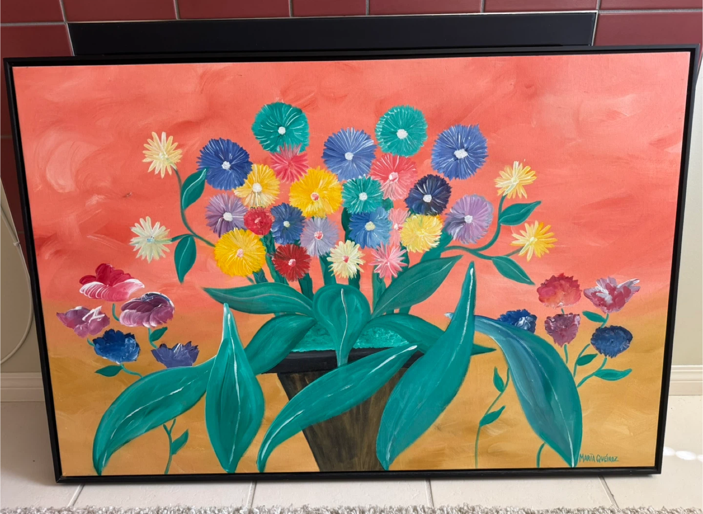 Framed Floral Painting by Maria Queiroz