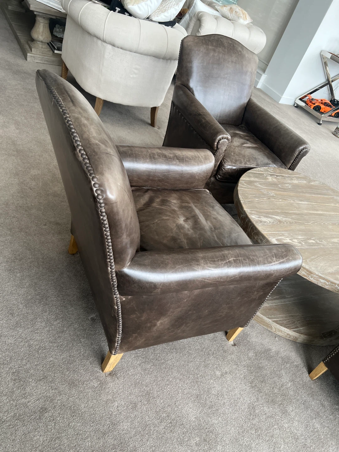 Restoration Hardware Brown Leather Accent Chair Set - photo 2