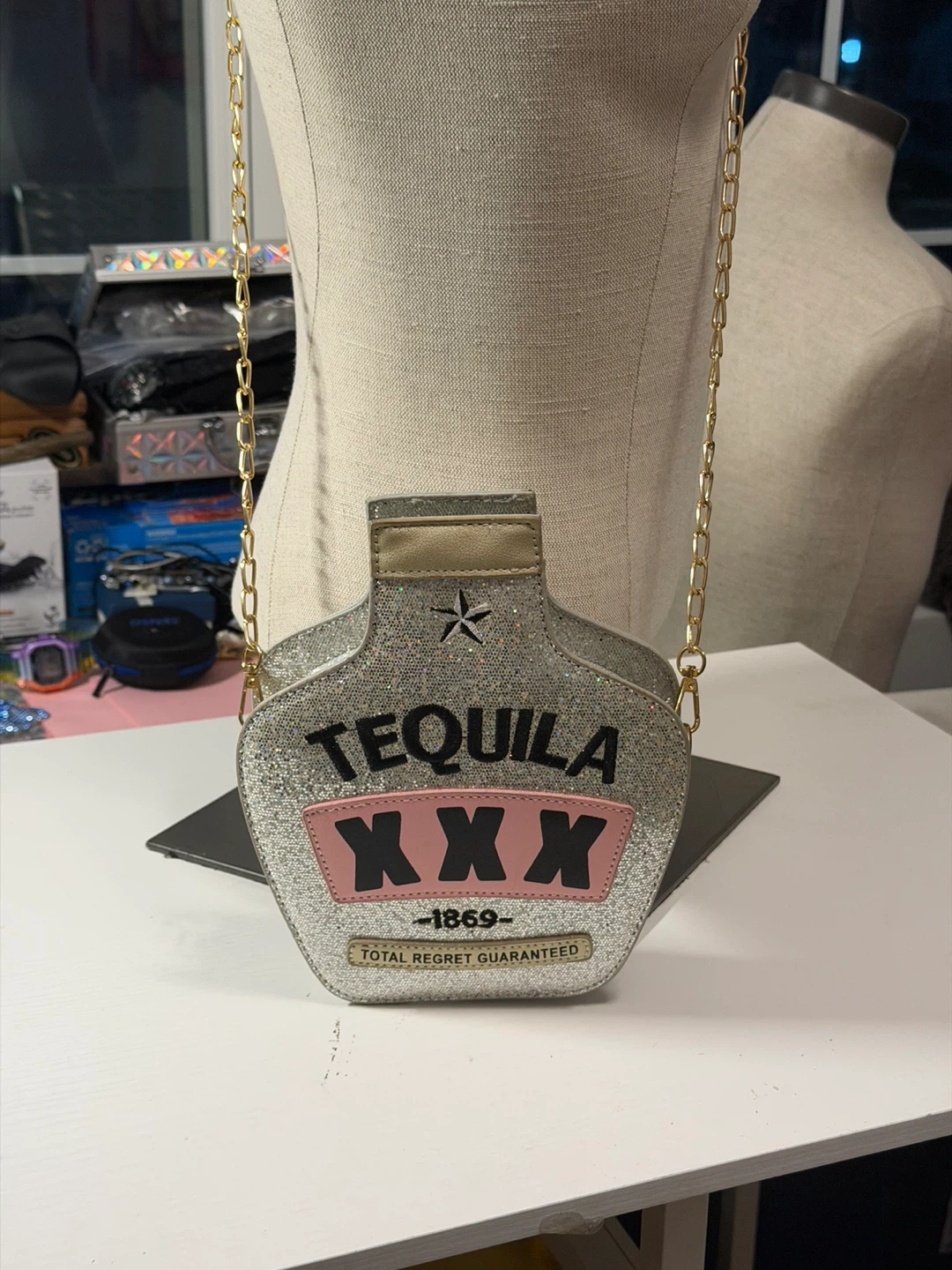 Silver Glitter Tequila Bottle Shaped Crossbody Bag