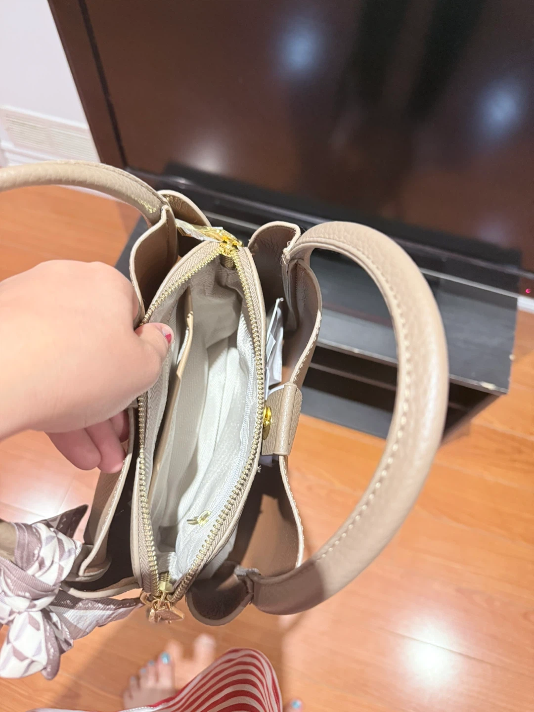Taupe Leather Top Handle Bag with Scarf Accent - photo 2