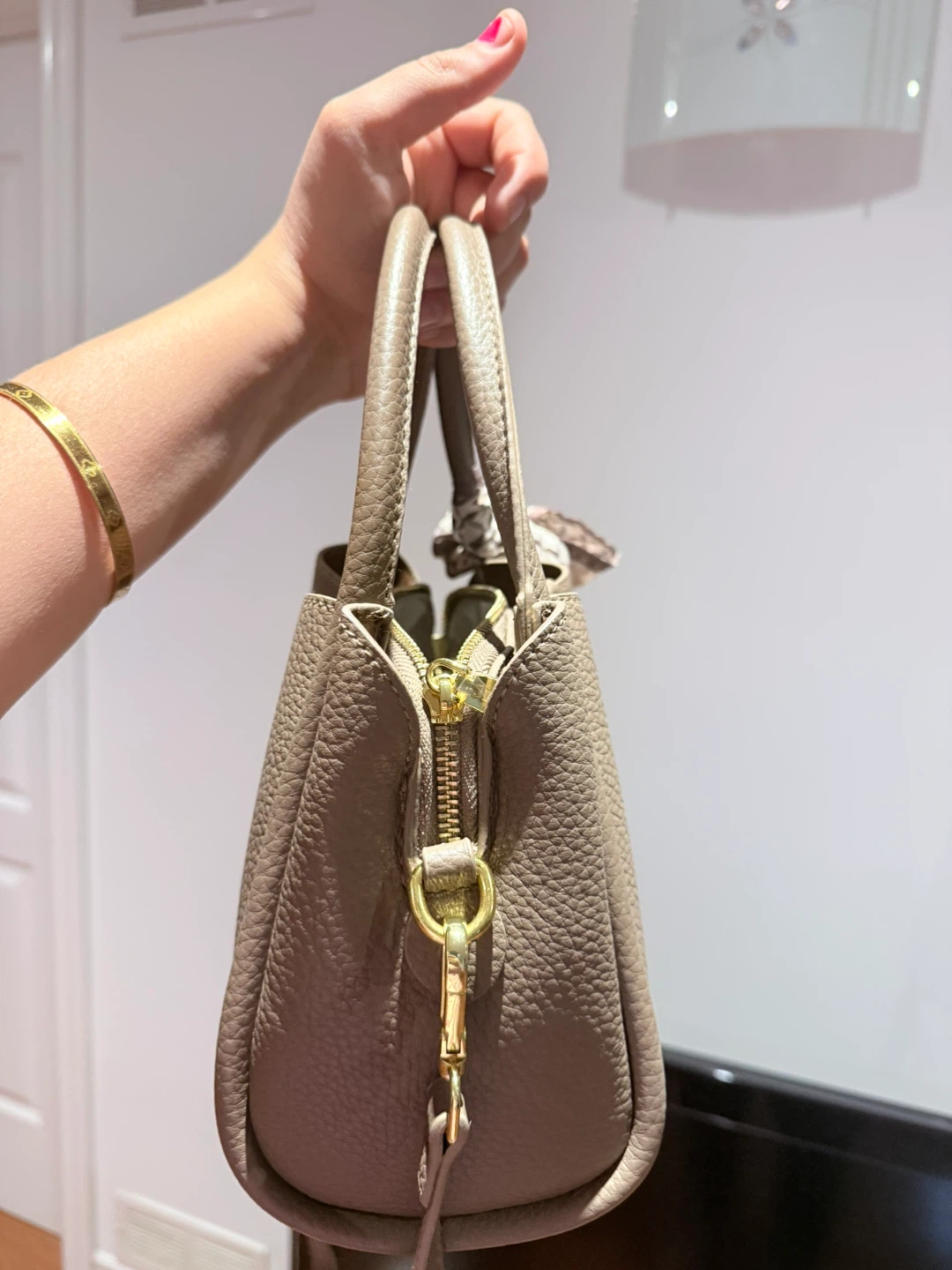 Taupe Leather Top Handle Bag with Scarf Accent - photo 4