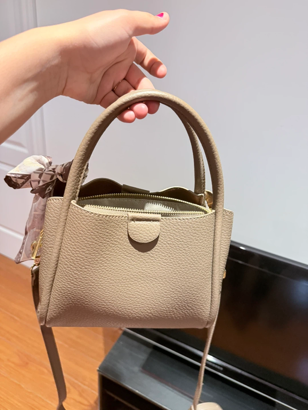 Taupe Leather Top Handle Bag with Scarf Accent - photo 3