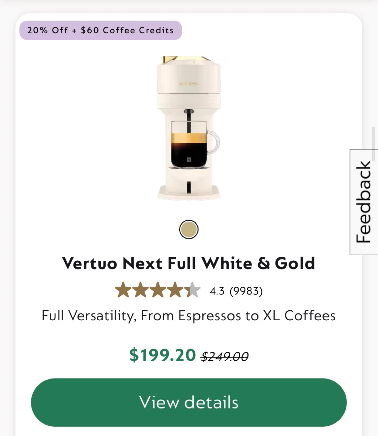 Nespresso Vertuo Next Coffee Machine - White & Gold