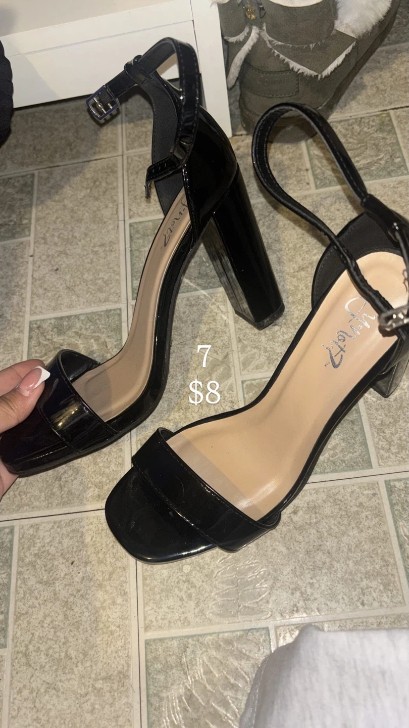 Black Patent Chunky Heel Sandals