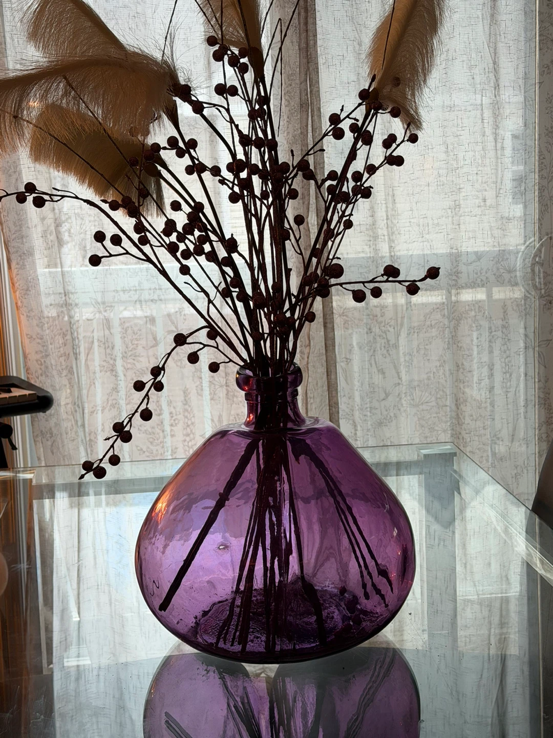 Purple Glass Vase with Decorative Branches
