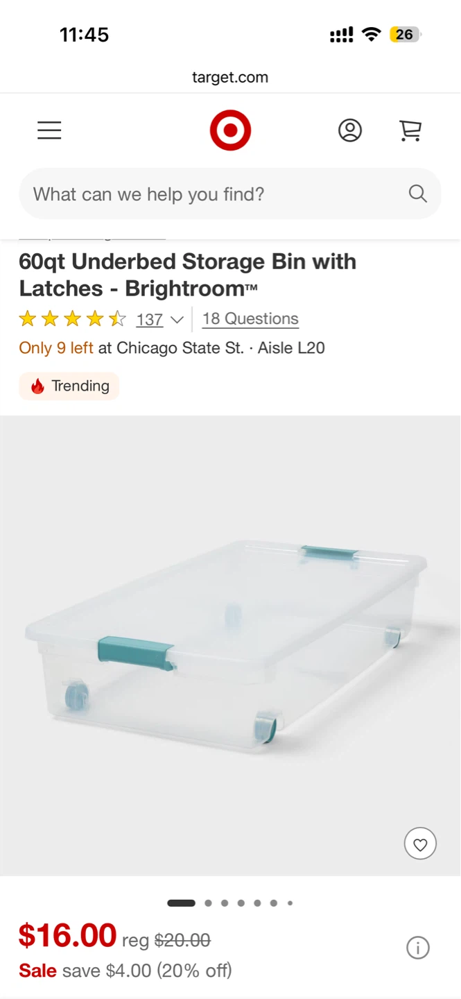 [Moving Sale] 60qt Underbed Storage Bin (1 Wheel Missing)