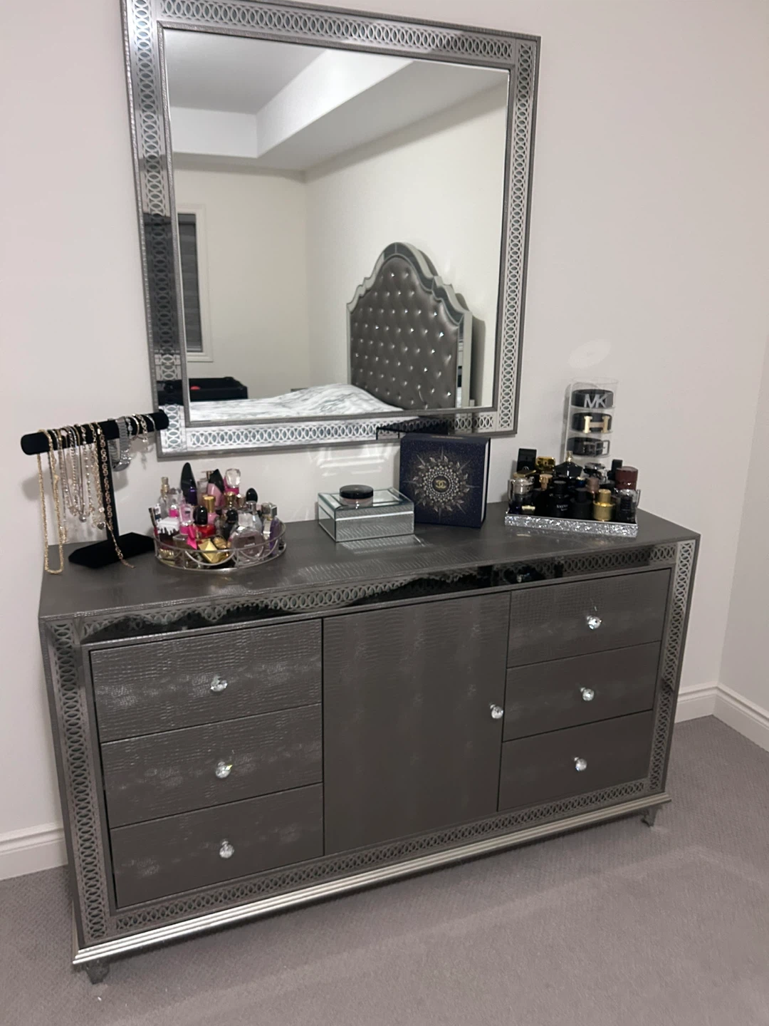 Tufted Headboard Bed Frame with Mirrored Accents - photo 2