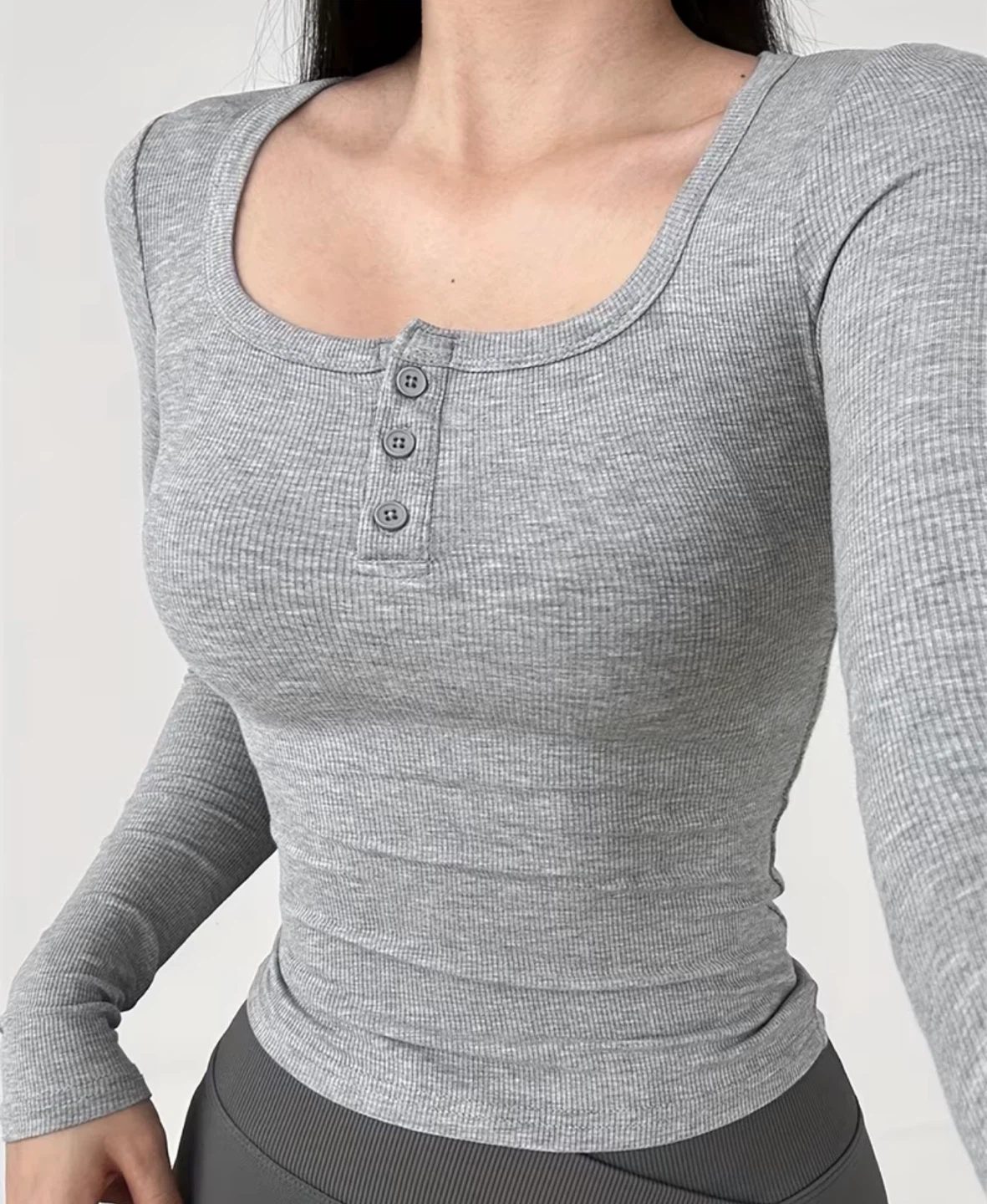 Hollister Grey Ribbed Henley Long Sleeve Shirt