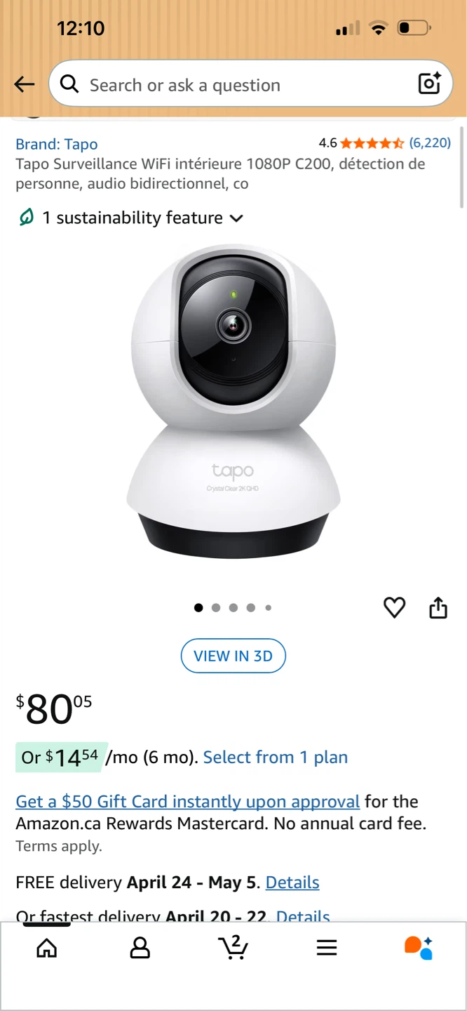 Tapo C200 Pan/Tilt Home Security Wi-Fi Camera - 1080p Full HD