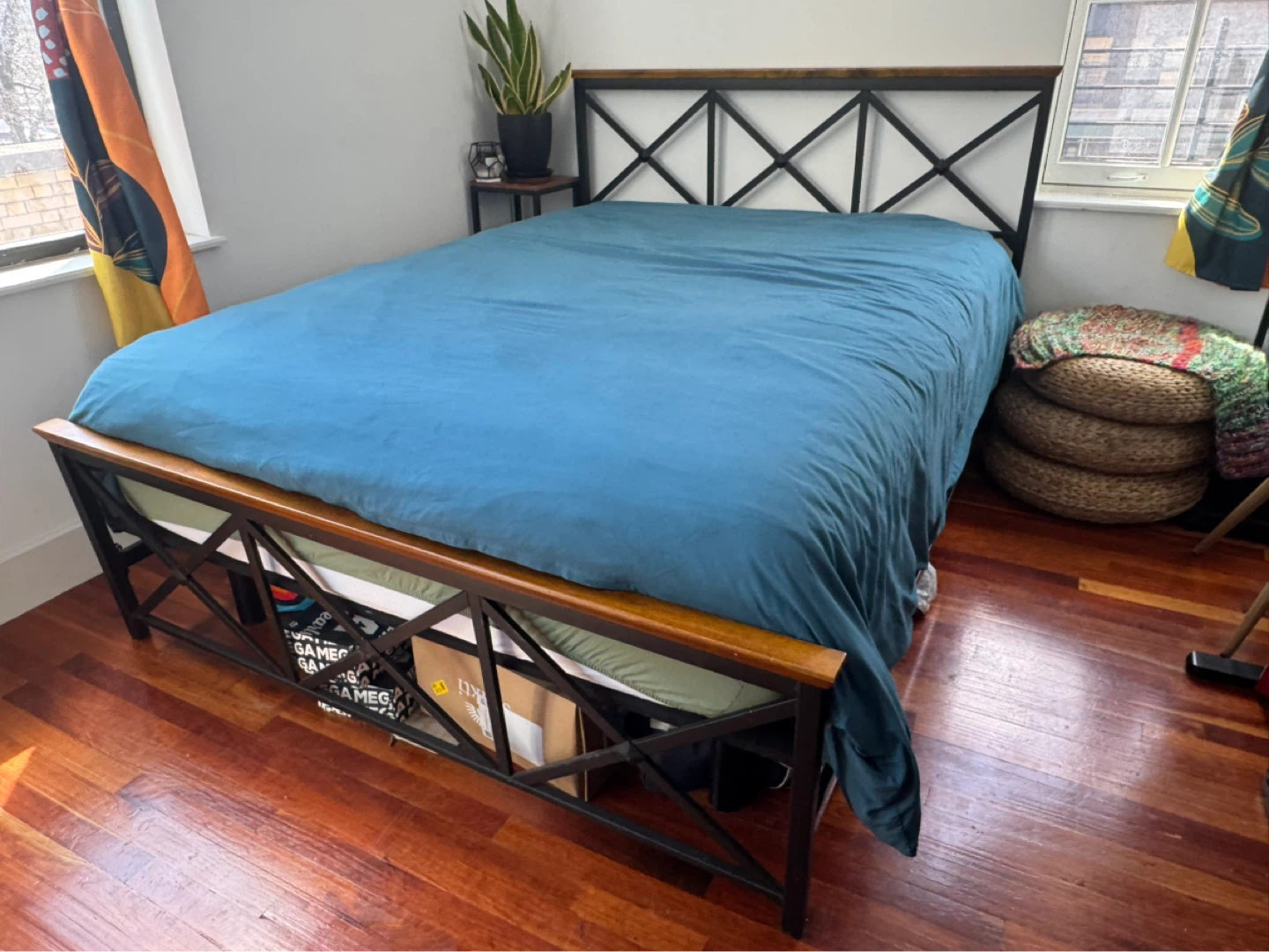 Industrial Style Queen Metal and Wood Bed Frame