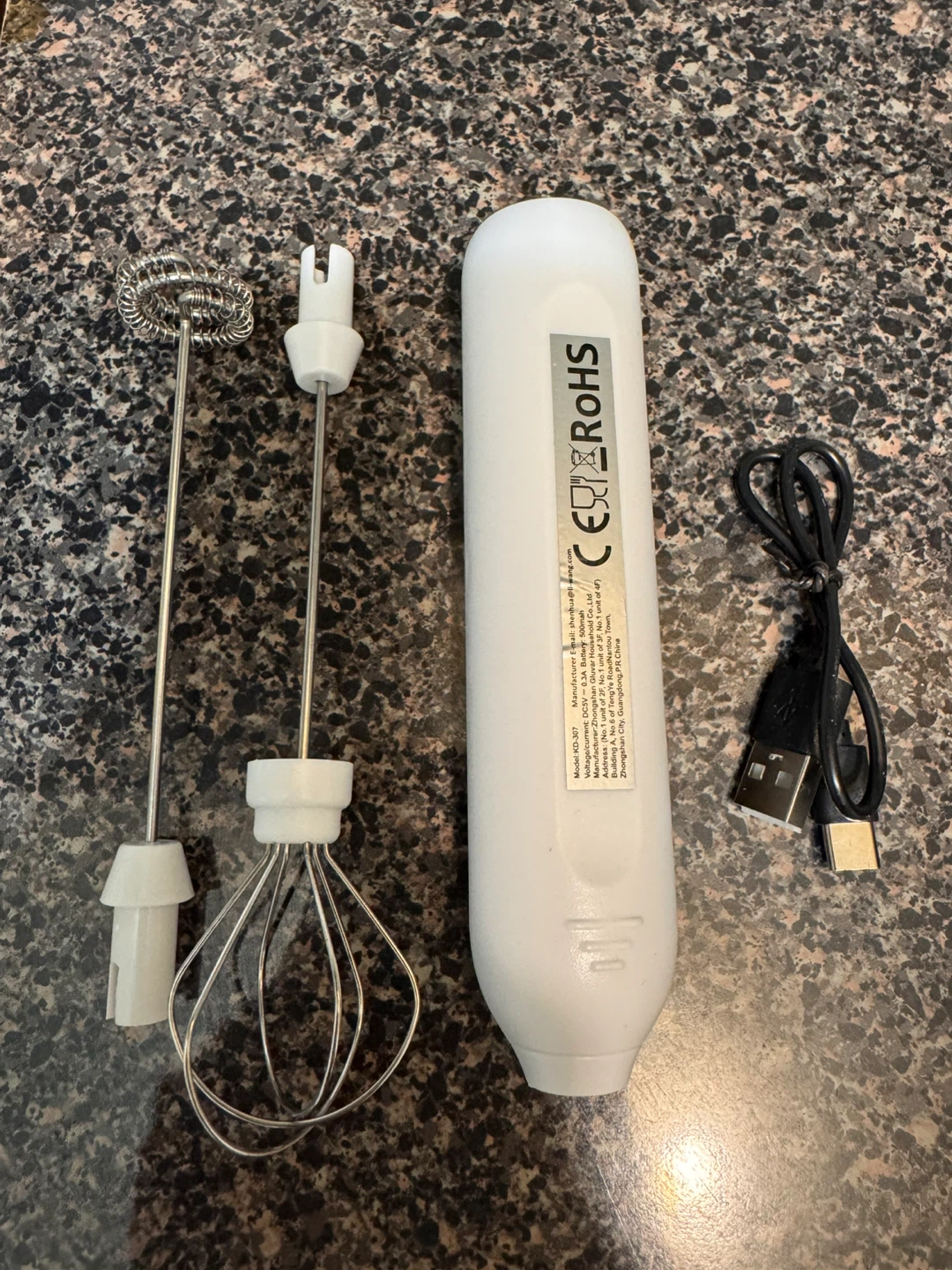 White Electric Milk Frother with USB Charging Cable