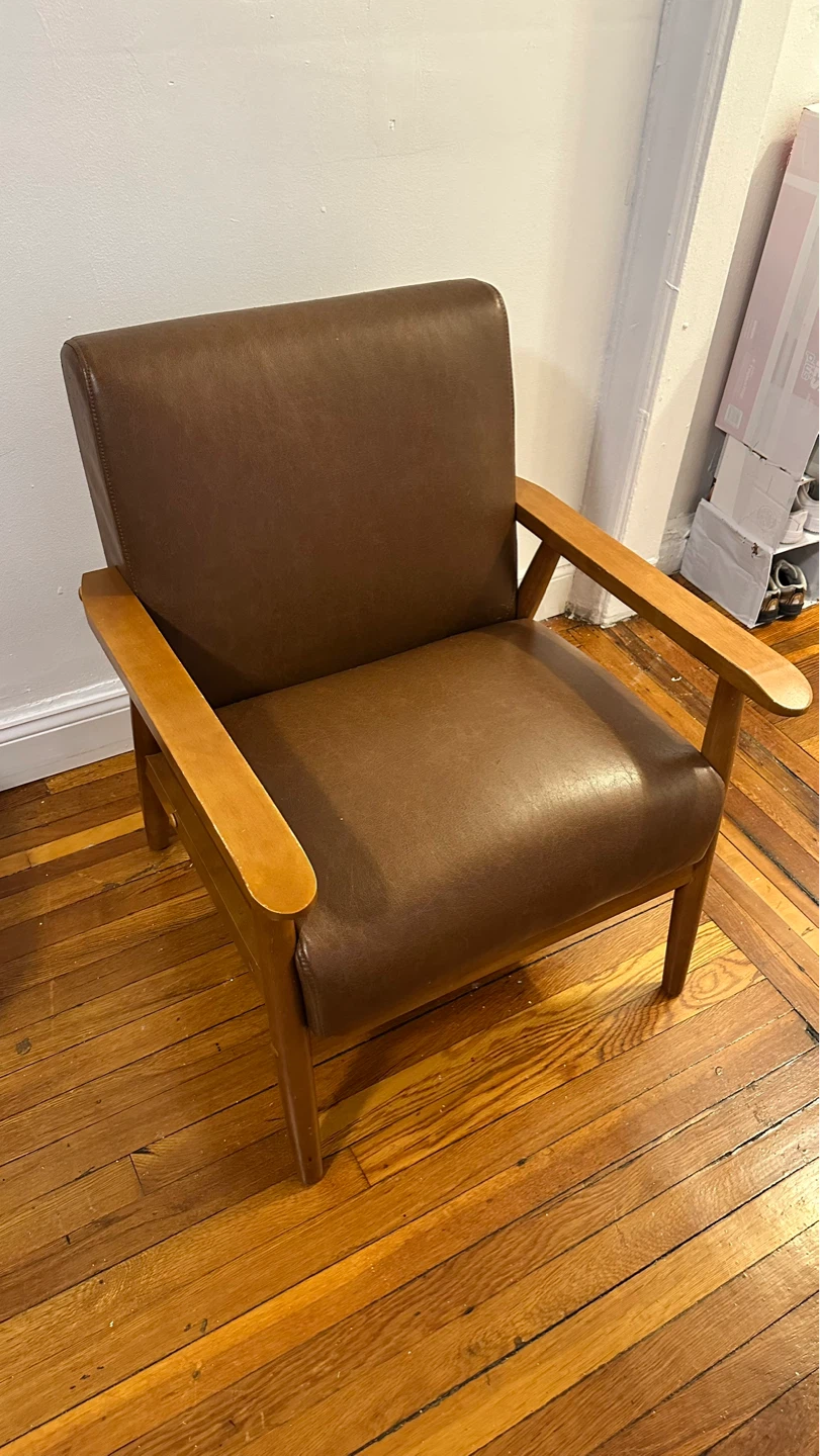 Brown Faux Leather Armchair with Wooden Frame