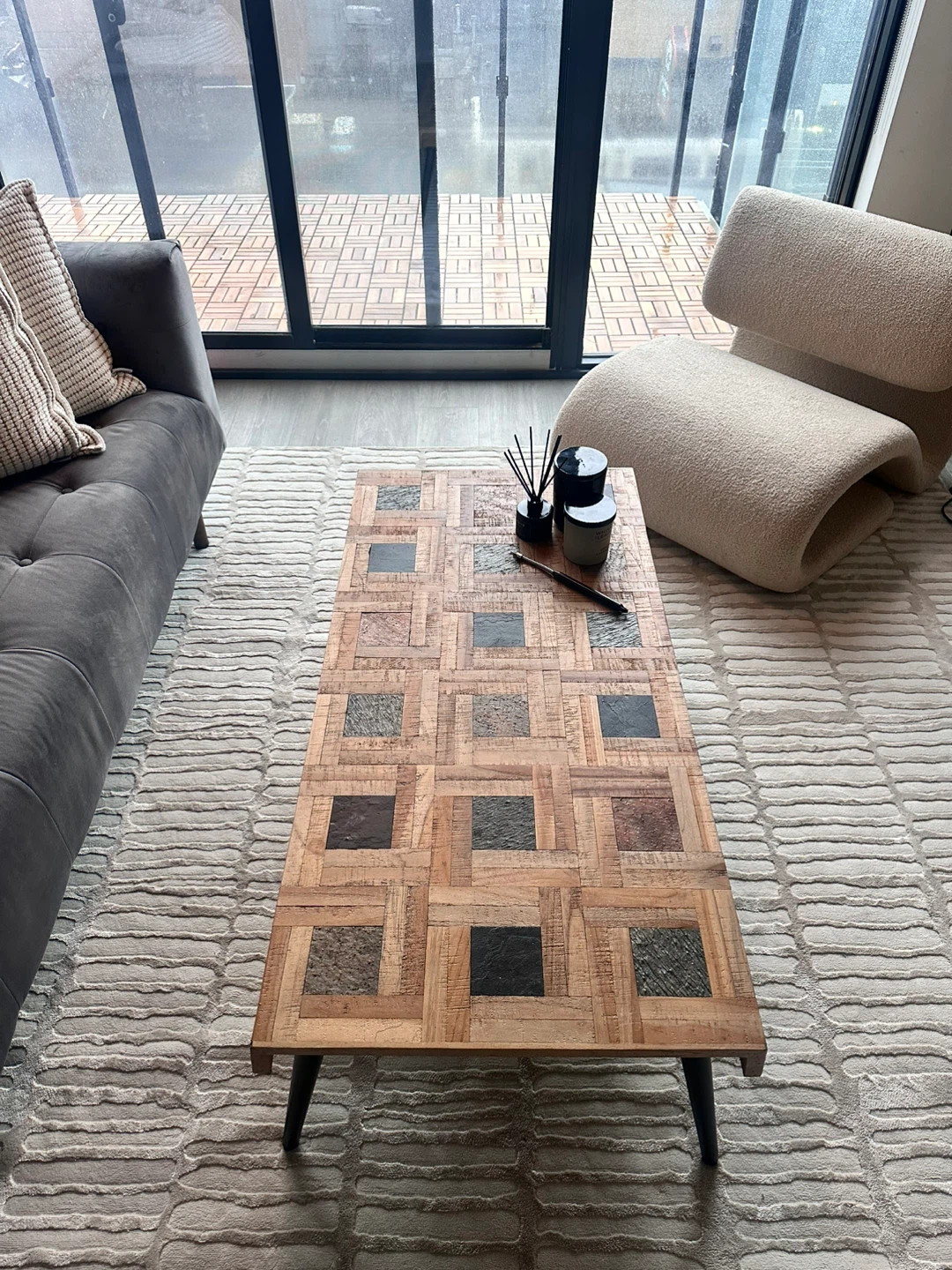 Wood and Stone Inlay Coffee Table