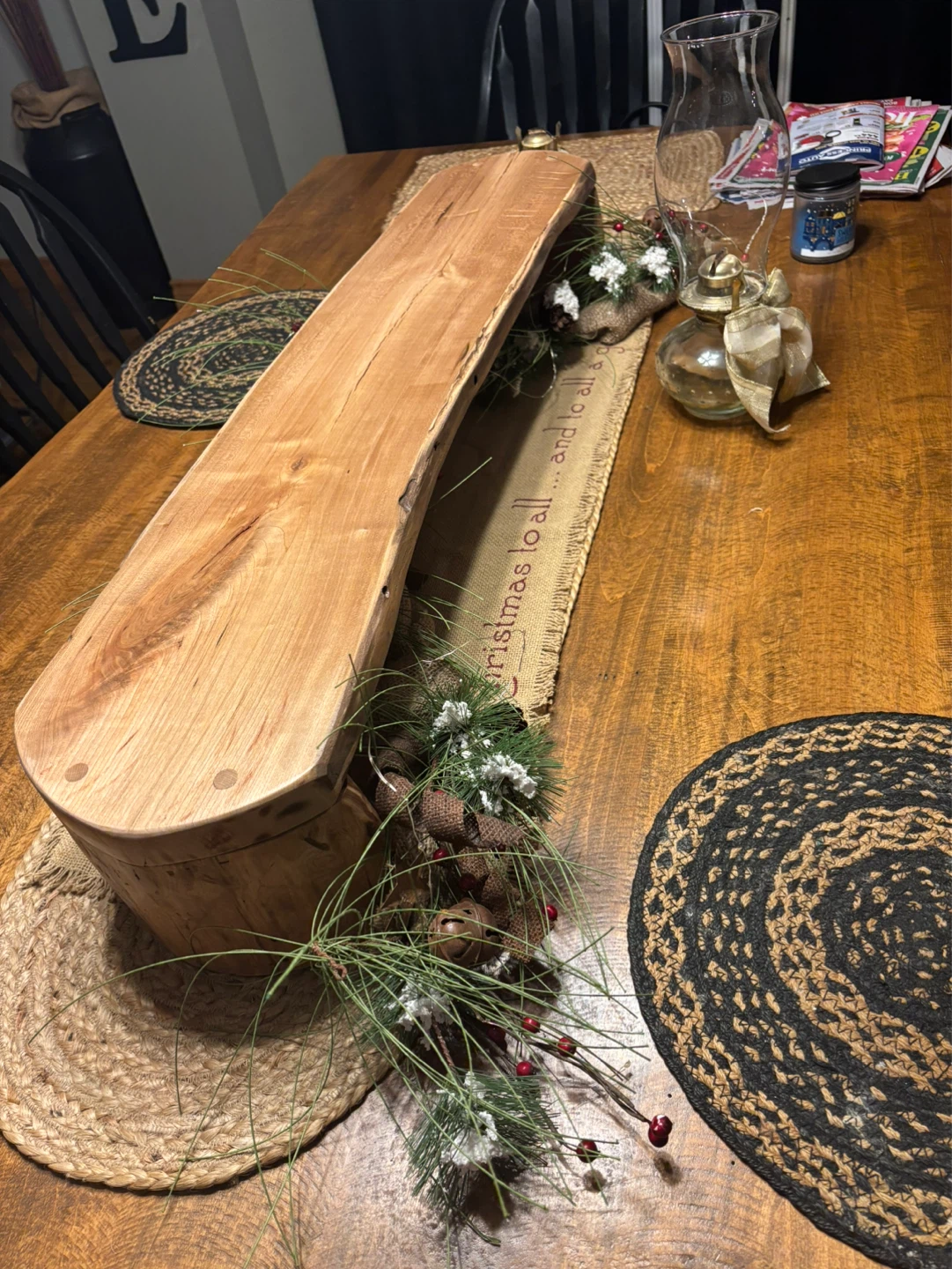 Live Edge Wooden Centerpiece with Christmas Decor
