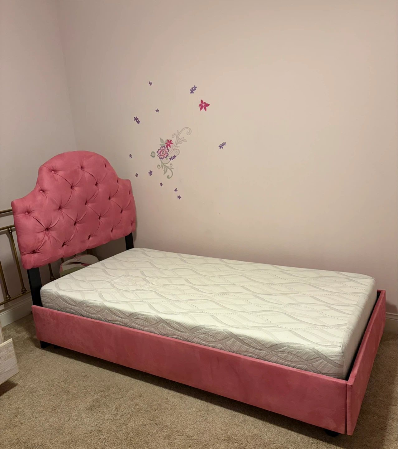 Pink Tufted Twin Bed Frame with Mattress
