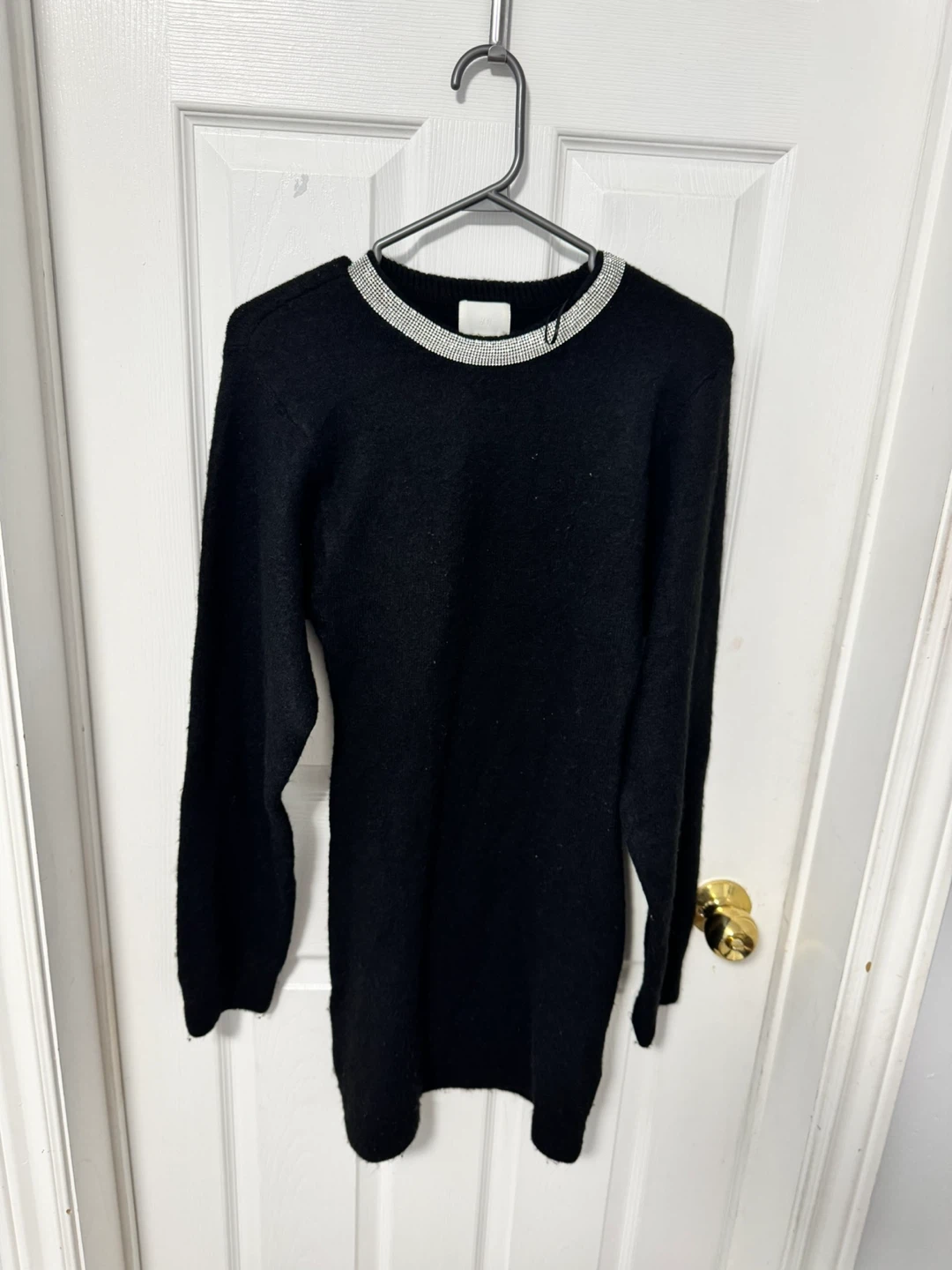 Black Long Sleeve Sweater Dress with Rhinestone Collar