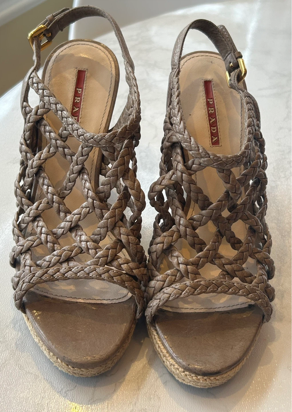Prada Woven Leather Wedge Sandals Size 5.5/6